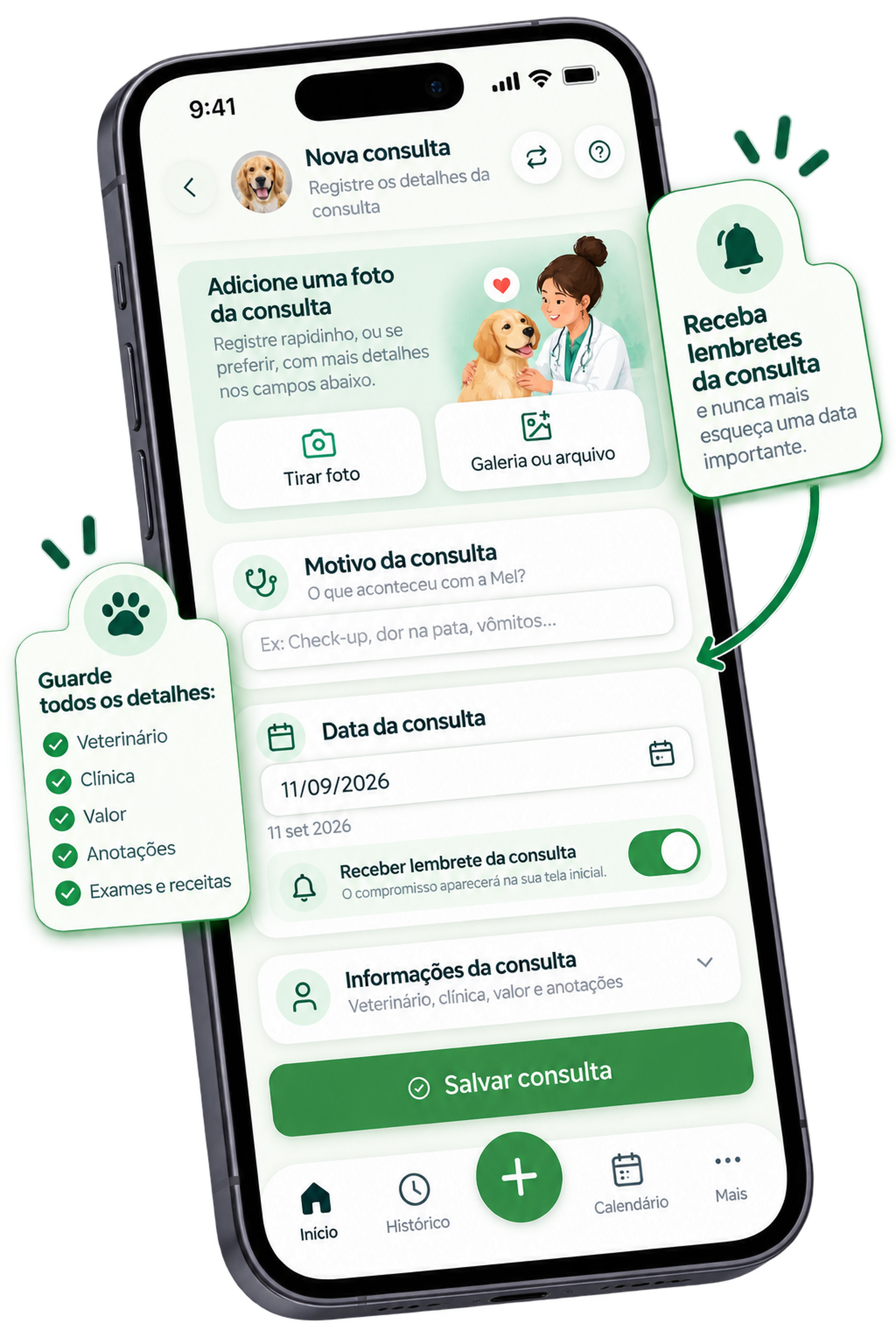 Celular com a tela de nova consulta do Carteirinha Pet, mostrando campos de motivo, data, lembrete e botão de salvar