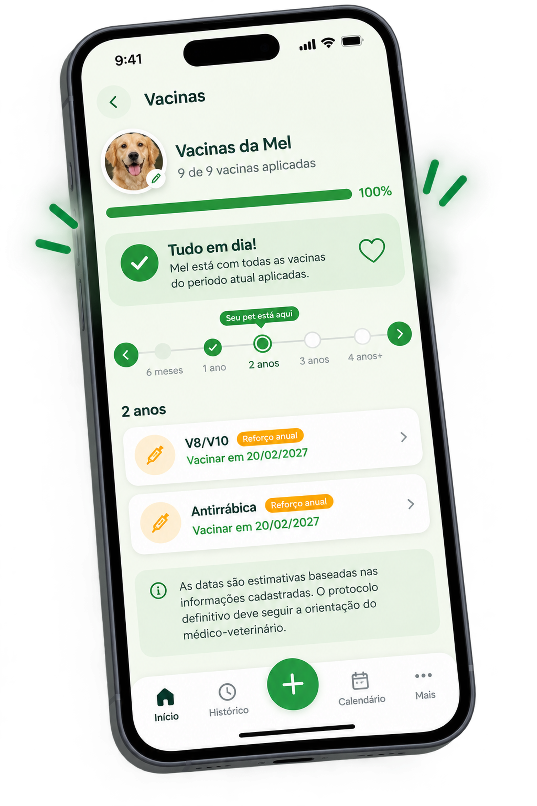Celular com a tela de vacinas do Carteirinha Pet mostrando 9 de 9 vacinas aplicadas da Mel