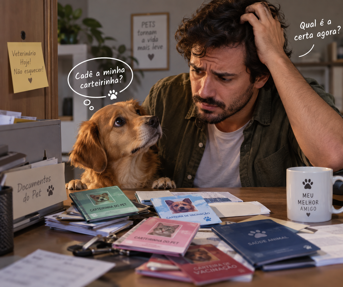 Tutor confuso diante de carteirinhas, exames e documentos de saúde do pet espalhados