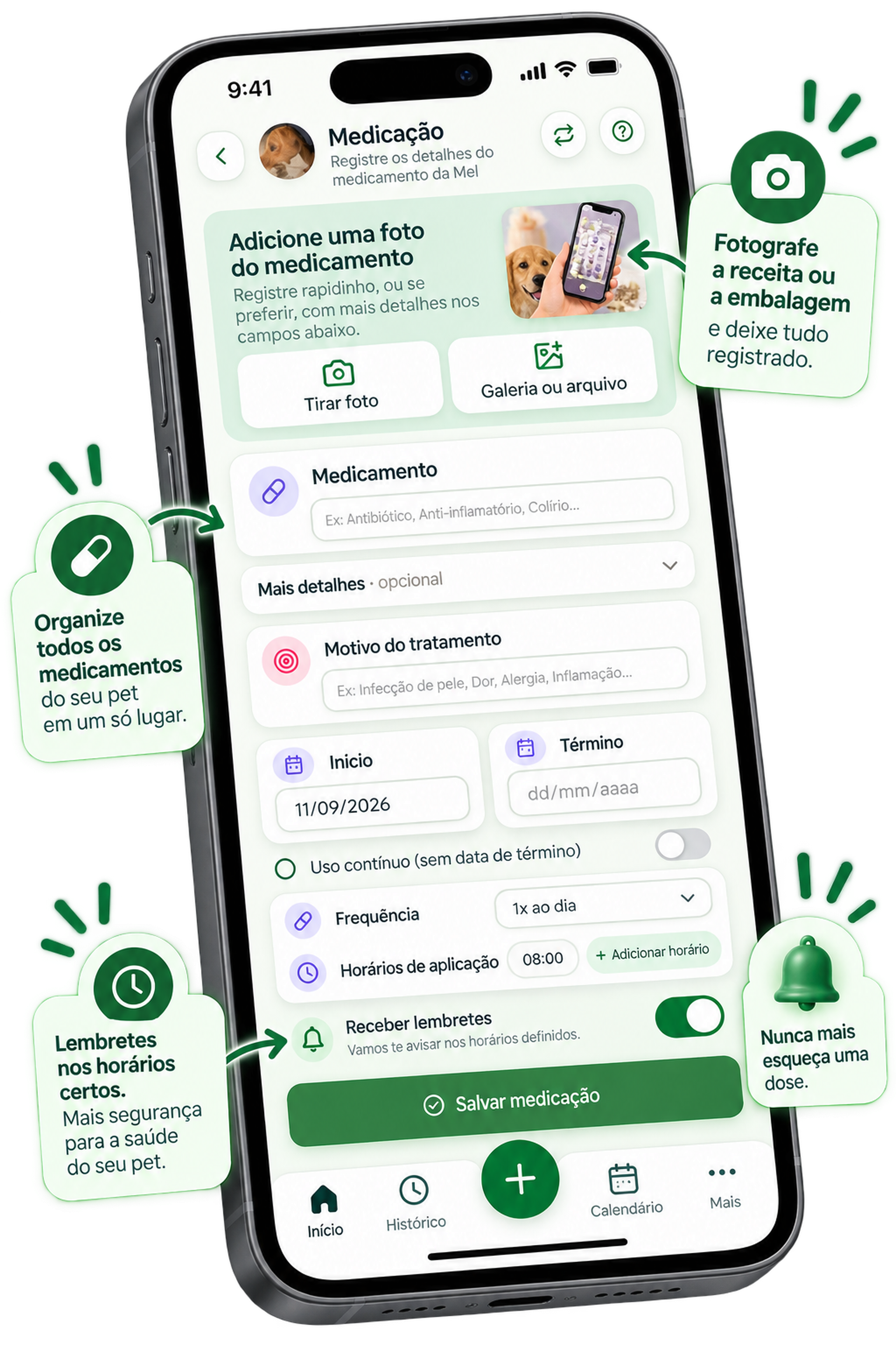 Celular com a tela de medicação do Carteirinha Pet, mostrando cadastro de medicamento, frequência, horários e lembretes
