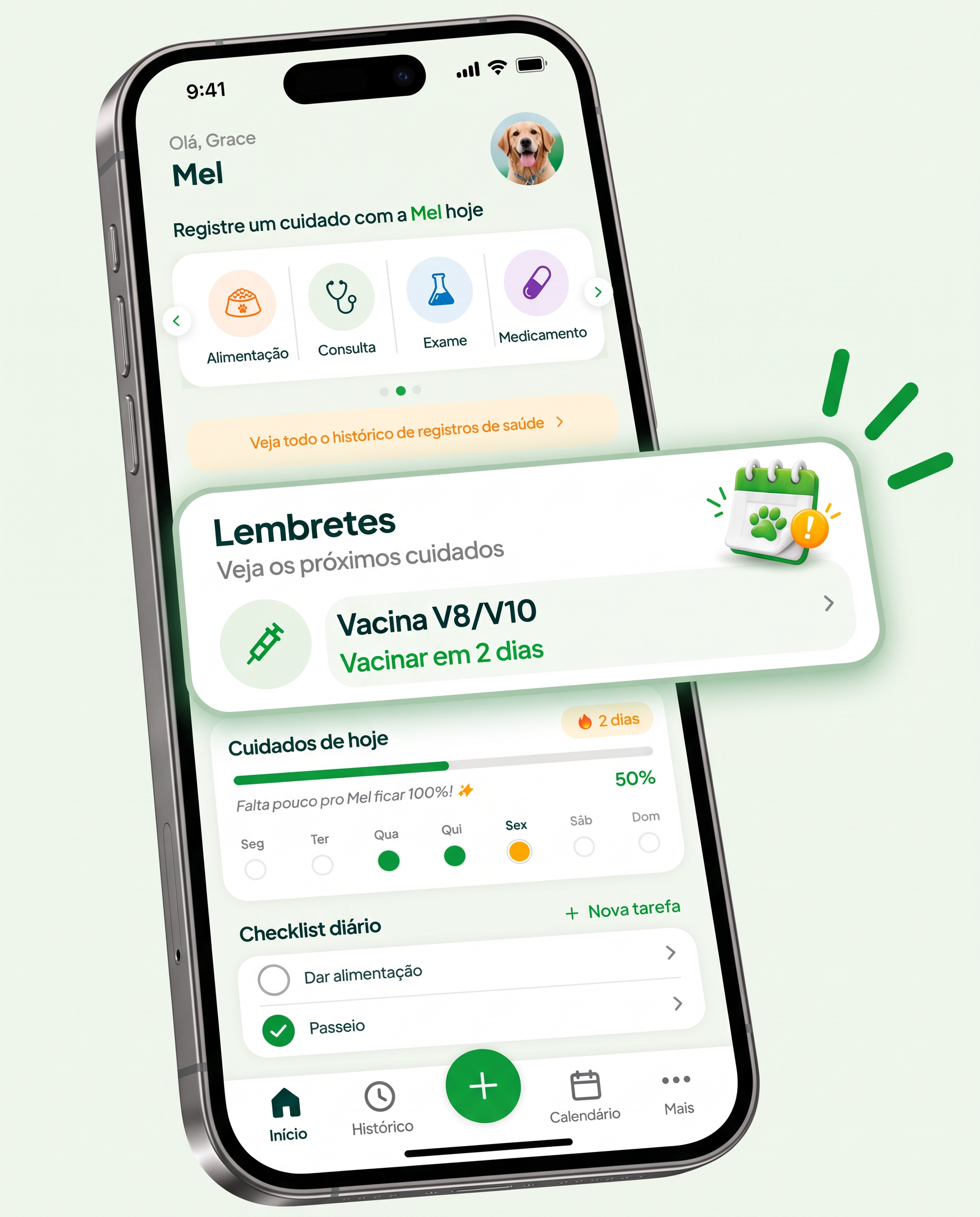 Celular com a tela de lembretes do Carteirinha Pet mostrando Vacina V8/V10 para vacinar em 2 dias e os cuidados de hoje
