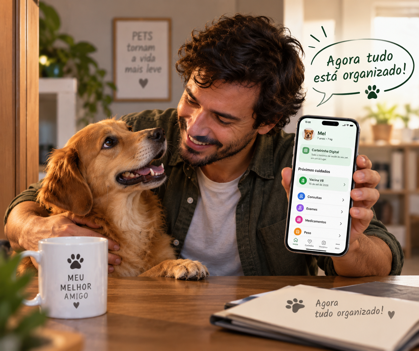Tutor feliz ao lado do cachorro com os cuidados organizados no Carteirinha Pet