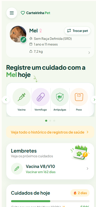 Tela inicial do Carteirinha Pet com o pet Mel, lembretes e registros de saúde