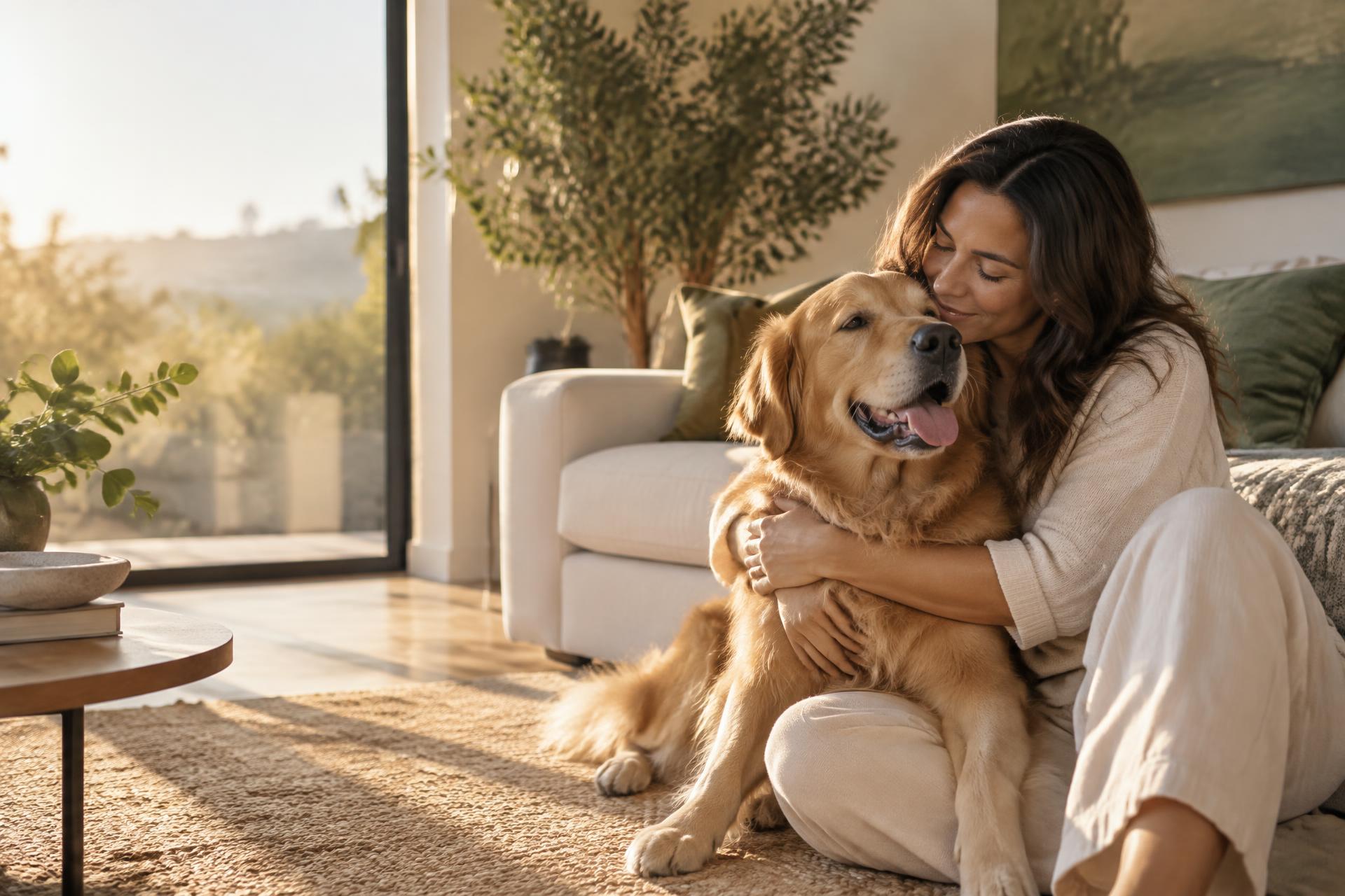 Tutora abraçando seu cachorro em casa